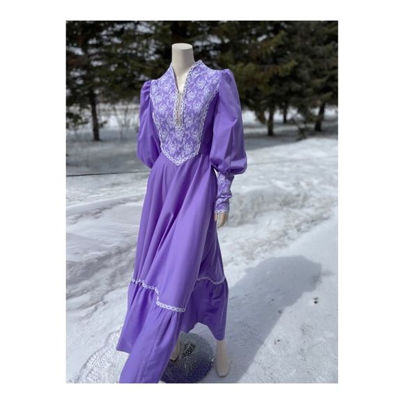 Vintage 70s Prairie Style Maxi Dress Lilac Lace Cottagecore Farmcore M - Picture 15 of 15
